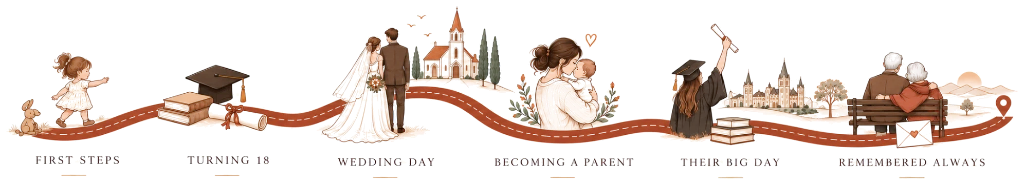 An illustrated road through life: first steps, turning 18, a wedding day, becoming a parent, a big day, and remembered always